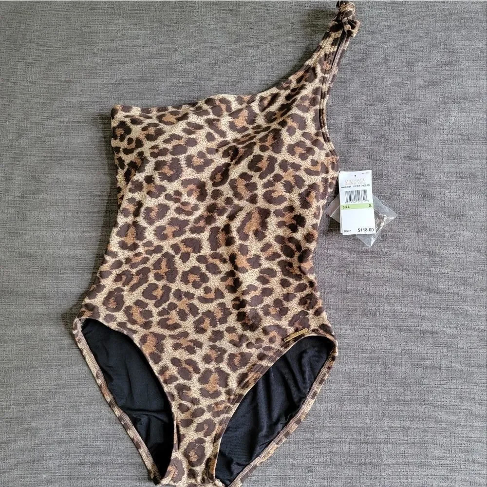 Michael Kors Women's Tan & Brown Leopard Print One Shoulder Swimsuit Size 8 - Picture 12 of 16